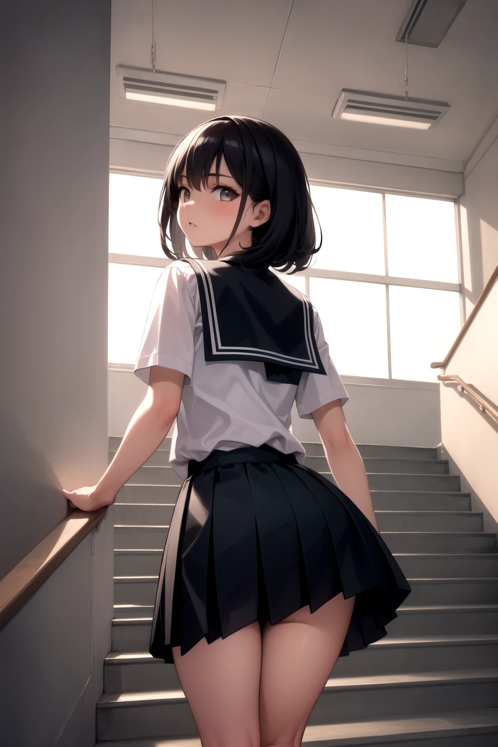 <lora:school_stairs_v0.5:1>
school stairs, 1girl, school uniform, looking back, window,, masterpiece, best quality, highly detailed