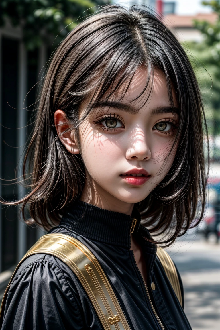 outdoors, blurry background, 
a portrait of a girl with gold eyes, black hair, 
<lora:more_details:1.1>