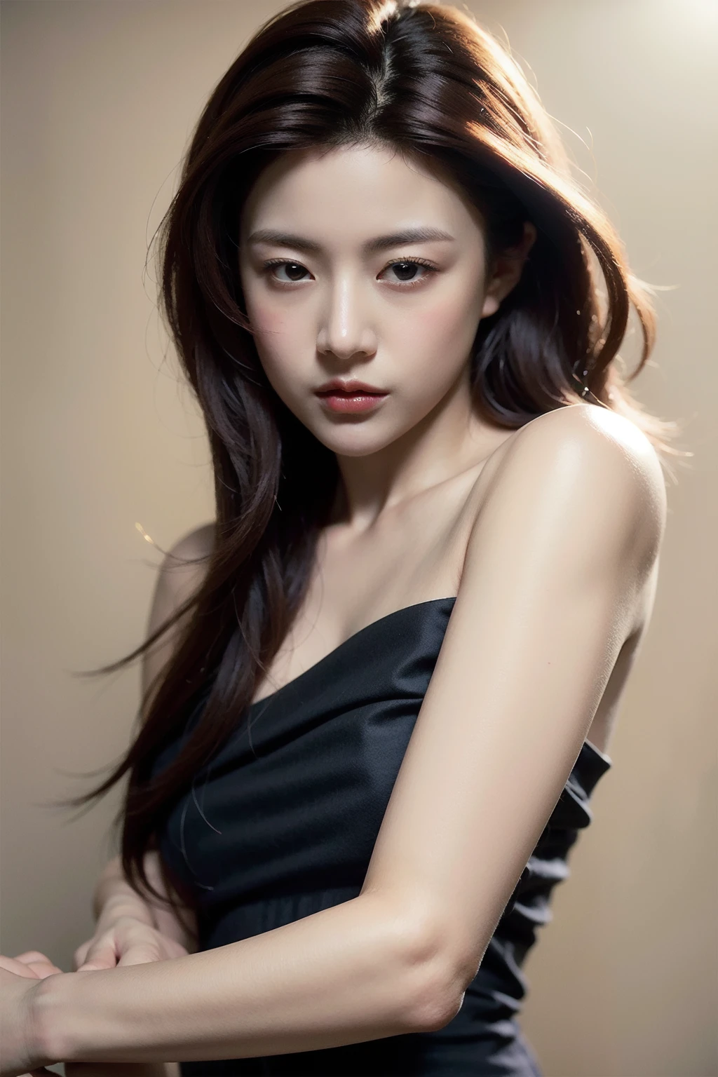 Best quality, masterpiece, ultra high res, (photorealistic:1.4), raw photo,1girl, solo, realistic, lips, black hair, looking at viewer, black eyes, teeth, long hair, hair over one eye, parted lips, nose, close-up, brown hair, simple background, brown eyes, black dress, off shoulder