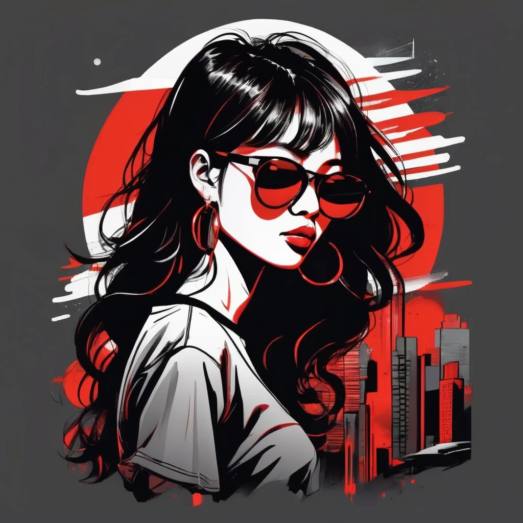 Fashionable T-shirt, Super Attractive Asian Female Characters, Urban Nightlife Landscape, Bold Red and Black Color Palette, Silky Hair Texture, Contemporary Illustration Style, Glamorous Perspective
TshirtDesignAF<lora:TshirtDesignAF:1>
