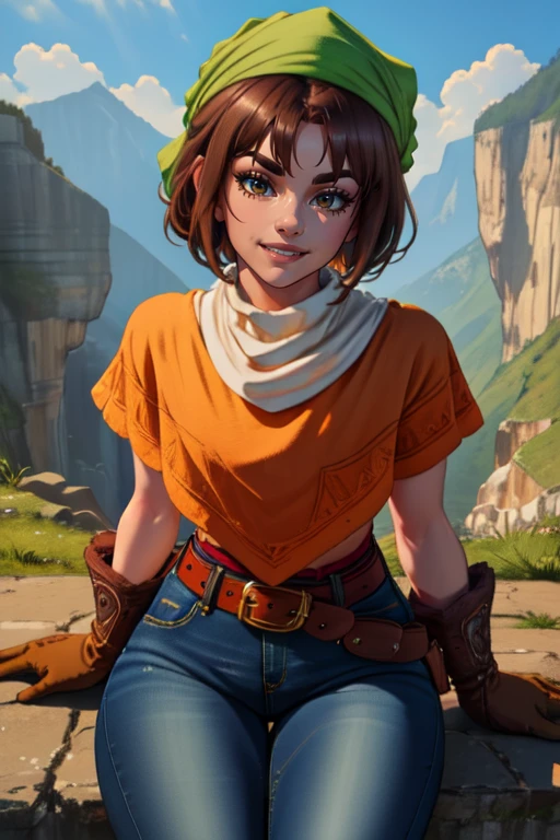 Toan,short brown hair,thick eyebrows,(Solo) upper body, smile,
orange poncho, denim jeans, green bandana, white feathers, crested brown gloves, brown boots, belt, white turtleneck,
small village, mountains,
sitting, from above,
(insanely detailed, beautiful detailed face, masterpiece, best quality)
<lora:Toan-10v3:0.7>,