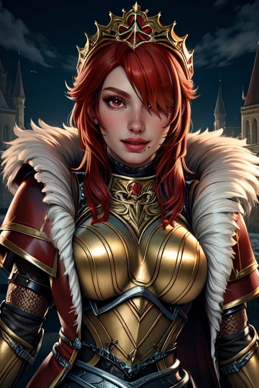 Hilde,red hair,lips,hair over one eye,red eyes,mole under mouth,
armor,gauntlets,fur trim,breastplate,thighhighs, red coat, head crown,
solo, smile, upper body,
european castle,
(insanely detailed, beautiful detailed face, masterpiece, best quality)
<lora:Hilde:0.7>