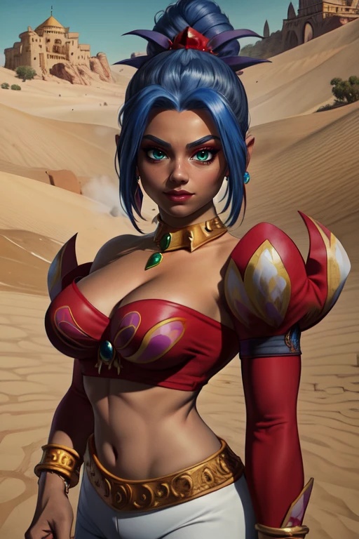Ruby, jewelry,green eyes, blue hair,makeup, ponytail,
detachedsleeves,cleavage,midriff,bareshoulders,necklace,bracelet,earrings,choker,puffy sleeves,shoes,harem pants,hair ornament,red top,
upper body, solo, looking at viewer,
desert castle, morning,
(insanely detailed, beautiful detailed face, masterpiece, best quality) <lora:Ruby:0.7>