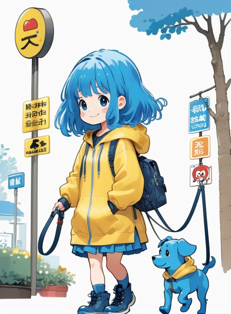 cute comic, 1girl, leash, dog, smile, blue hair, boots, holding leash, blue footwear, hoodie, hood, simple background, holding, solo, walking, hood down, medium hair, white background, full body, blush stickers, drawstring, long sleeves, blue hoodie, skirt, animal, blush, bangs
 <lora:sdxl_cute_social_comic-000002:0.65>