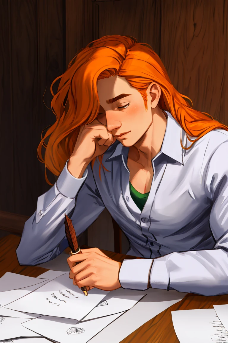 masterpiece, best quality, elliott sdv, solo, 1boy, long hair, holding quill, collared shirt, long sleeves, hair over one eye, white shirt, upper body, coffee mug, inkwell, head rest, sitting, closed mouth, looking down, table, paper, orange hair, writing, open shirt, bare pectorals