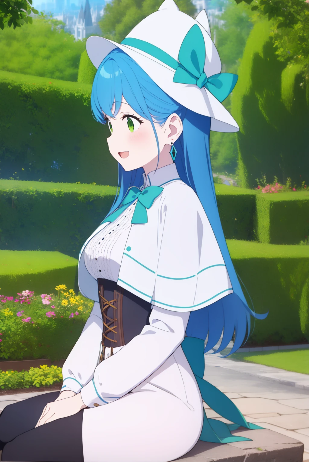 isabellaNorn,1girl,solo,blue_hair,open_mouth,:D,long_hair,green_eyes,blush,smile,happy,jewelry, closed_mouth,earring,accessory,masterpiece,highly_detailed,medium_breasts,<lora:isabellaNornV4_augmented:
.6>,white_capelet,hat_bow,garden,outdoors,looking away, <lora:GoodHands-vanilla:1>,from_side,sitting,long sleeves,pantyhose,corset,