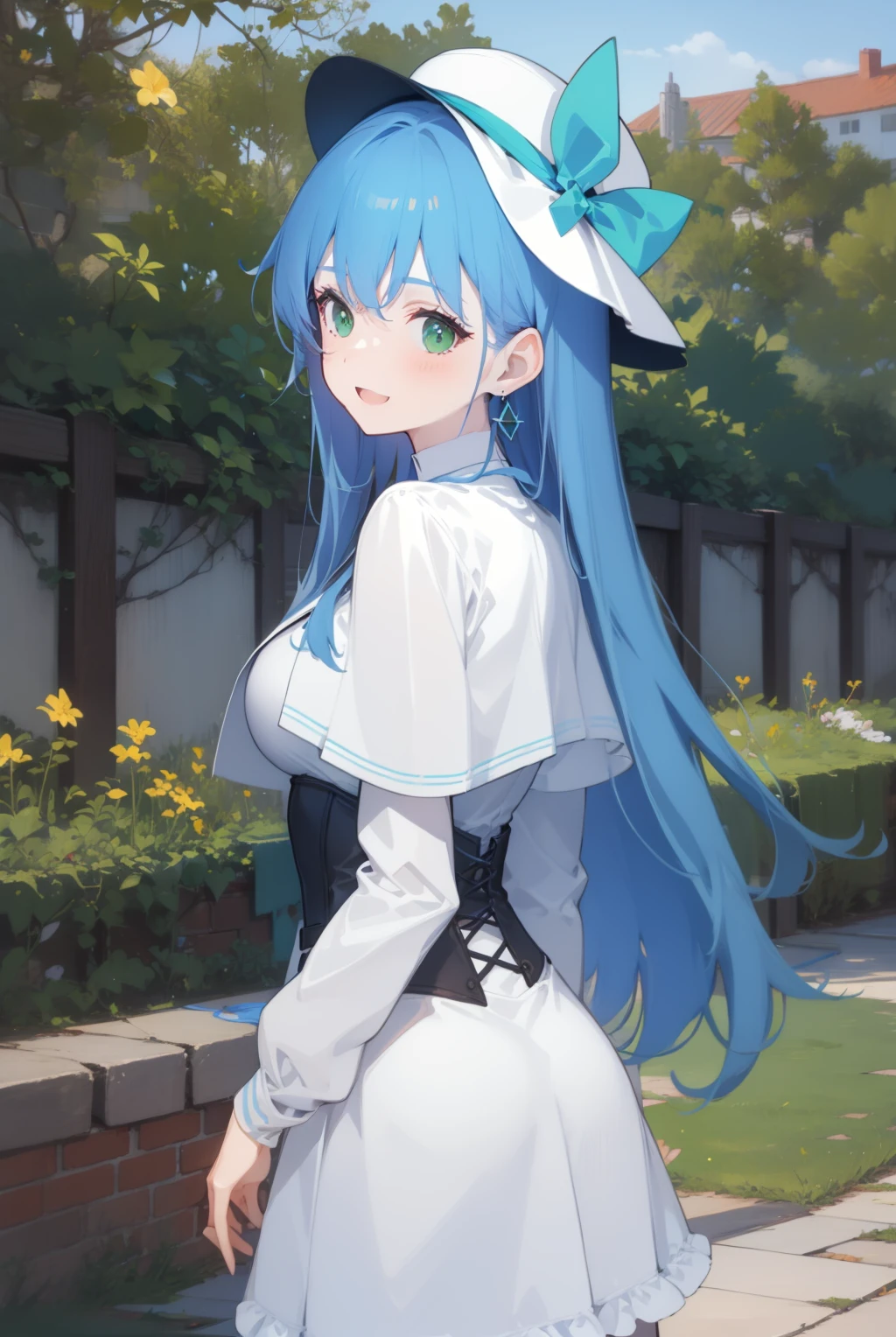 isabellaNorn,1girl,solo,blue_hair,open_mouth,:D,long_hair,green_eyes,blush,smile,happy,jewelry, closed_mouth,earring,accessory,masterpiece,highly_detailed,medium_breasts,<lora:isabellaNornV4_augmented:
.6>,white_capelet,hat_bow,garden,outdoors, <lora:GoodHands-vanilla:1>,from_behind,long sleeves,pantyhose,corset,waving, standing,frilled skirt,