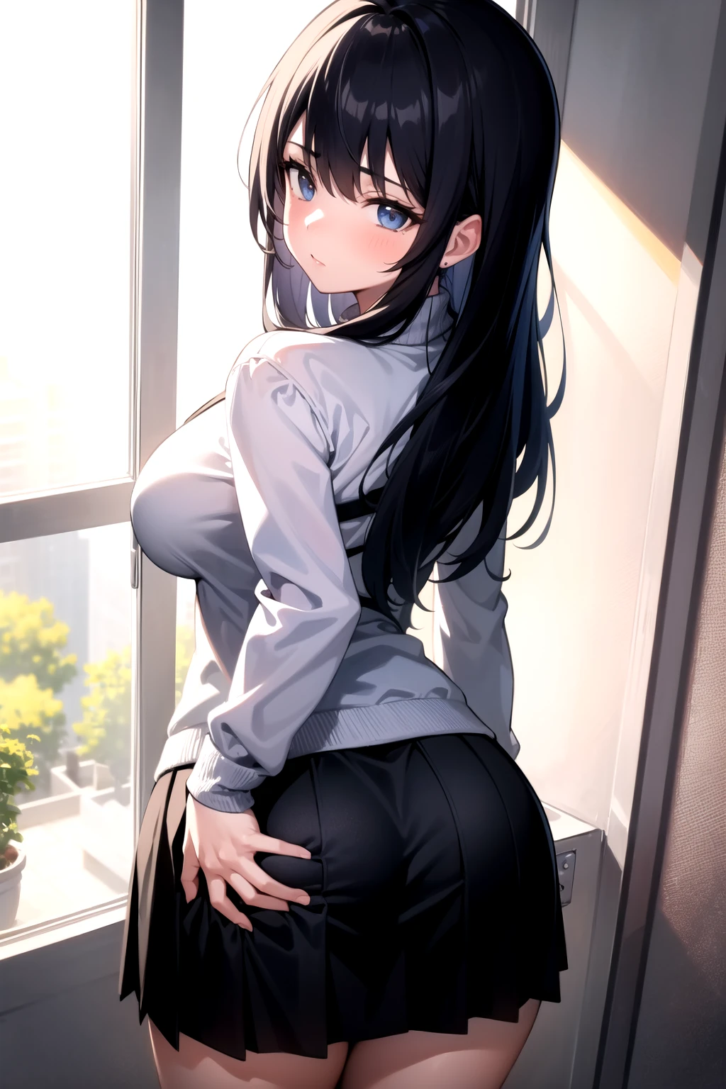 <lora:grabbing_own_ass_v0.3:1>
1girl, from above, looking back, hand on own ass, pleated skirt, sweater, window, v,, masterpiece, best quality, highly detailed