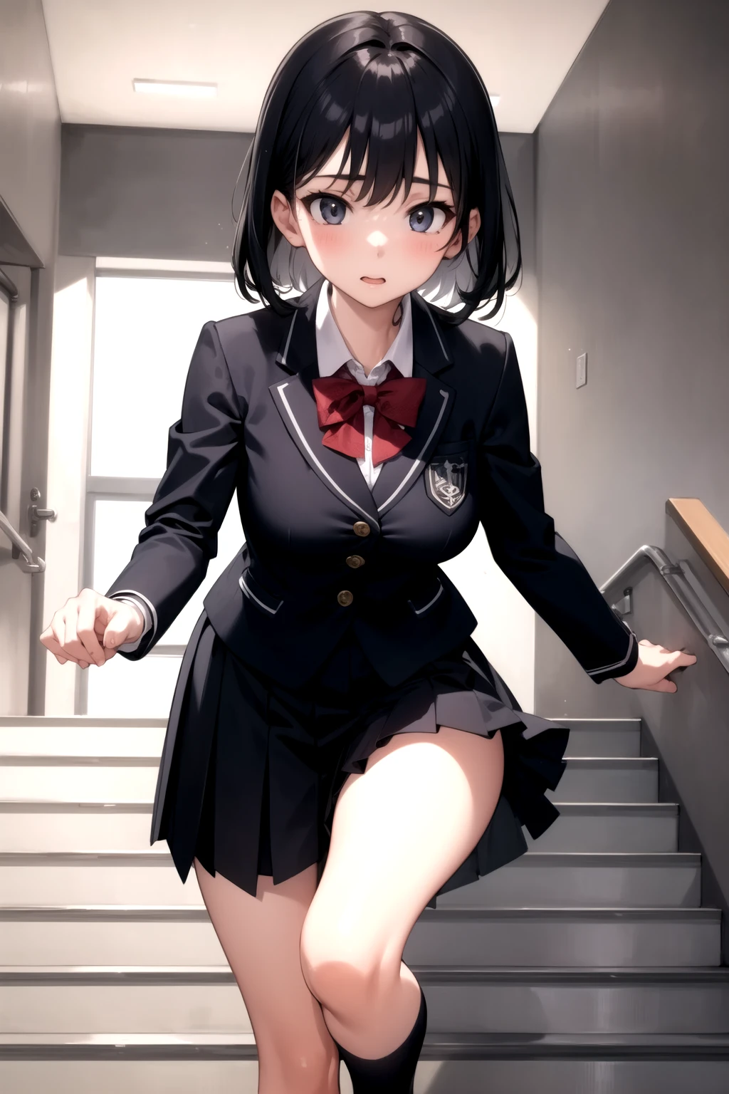 <lora:school_stairs_v0.5:1>
1girl, school stairs, school uniform, running,, masterpiece, best quality, highly detailed