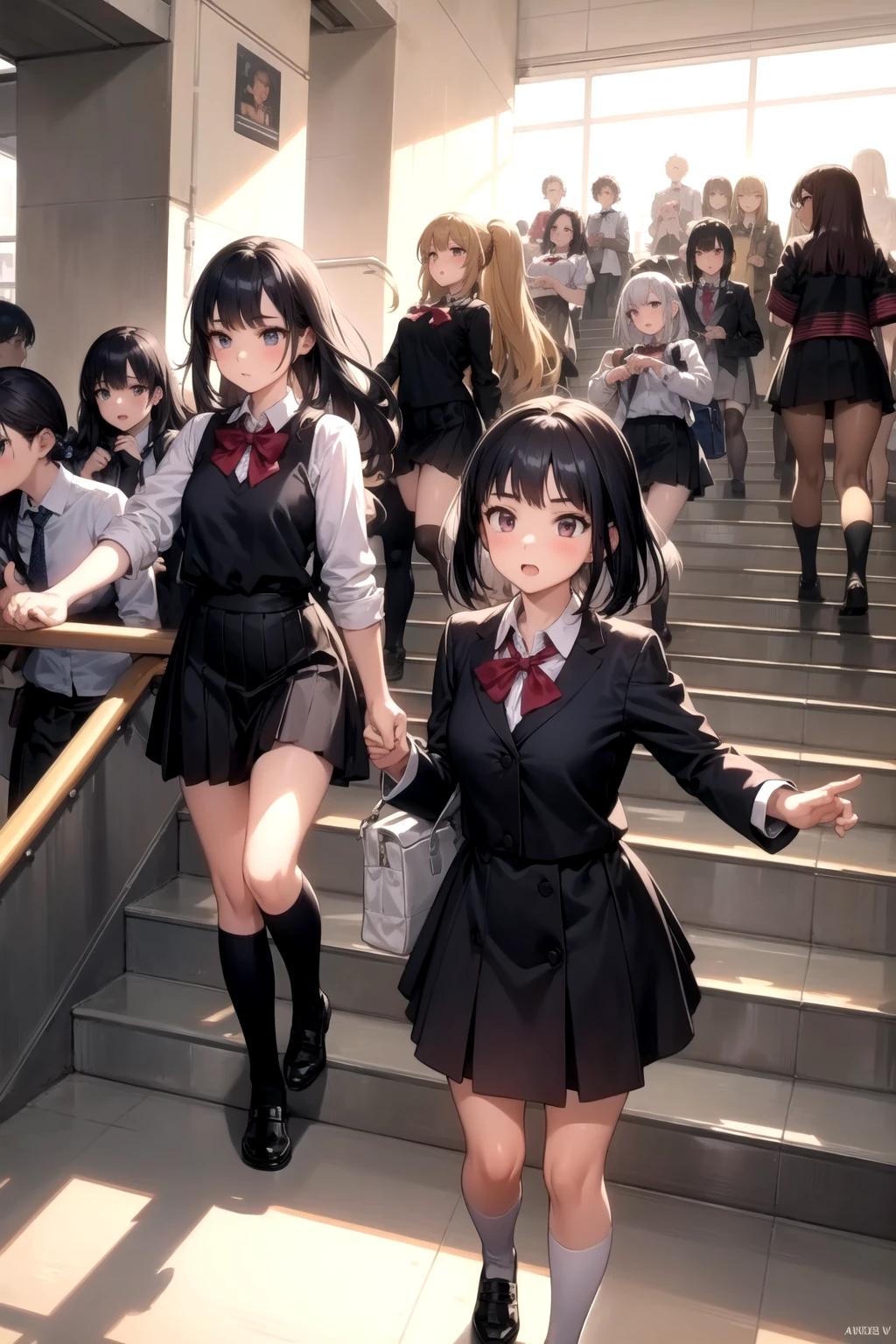 <lora:school_stairs_v0.5:1>
1girl, school stairs, school uniform, multiple girls, 6+girls, crowd, walking,, masterpiece, best quality, highly detailed