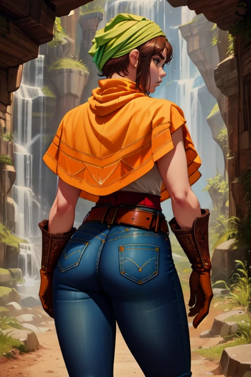 Toan,short brown hair,thick eyebrows,(Solo) ,
orange poncho, denim jeans, green bandana, white feathers, crested brown gloves, brown boots, belt, white turtleneck, red sash,
dark cave, dirty, standing,
tight pants, from behind,
(insanely detailed, beautiful detailed face, masterpiece, best quality)
<lora:Toan-10v3:0.7>,