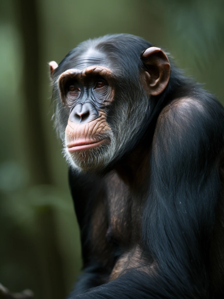 award winning wildlife (medium long shot:1.4), 35mm film movie still, ultra photorealistic, photorealism, (upper profile) shot of a defeated old chimpanzee in pain with the (sunken head:1.4) mourning (looking depressed down:1.2), (glossy eyes) cinestill, film grain, taken with hasselblad H6D 100c, the HCD 24mm lens, hazy mood, cinematic dramatic lighting, cold muted colors, (DOF:1.4), (dark lush jungle background), sharp focus, (perfect real extremely details), amazing fine detail, absurdres, hyper realistic lifelike texture, dramatic lighting