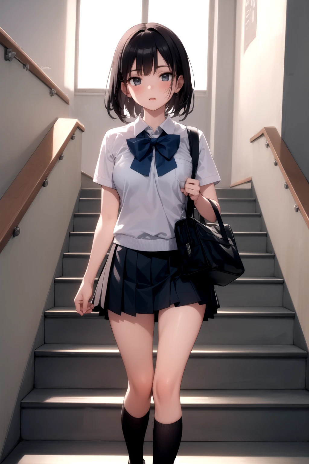 <lora:school_stairs_v0.5:1>
school stairs, 1girl, school uniform, school bag,, masterpiece, best quality, highly detailed