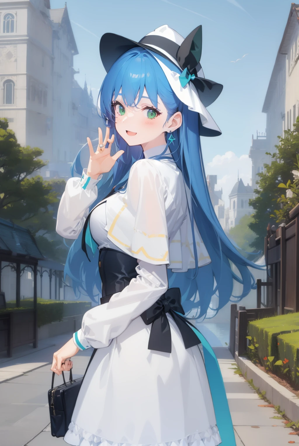 isabellaNorn,1girl,solo,blue_hair,open_mouth,:D,long_hair,green_eyes,blush,smile,happy,jewelry, closed_mouth,earring,accessory,masterpiece,highly_detailed,medium_breasts,<lora:isabellaNornV4_augmented:
.55>,white_capelet,hat_bow,garden,outdoors, <lora:GoodHands-vanilla:1>,from_behind,long sleeves,pantyhose,corset, standing,frilled skirt, white_sleeves,looking at viewer, waving