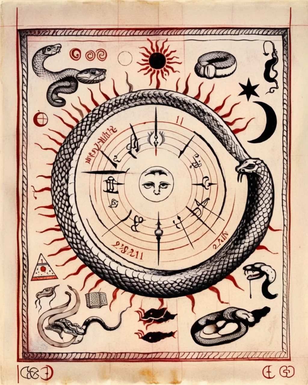 An evocative drawing presents a sun, moon, and snake interwoven in a dance of symbolism, inviting contemplation of celestial and mystical forces:1.4, evocative drawing:1.2, sun, moon, and snake:1.2, interwoven dance:1.1, symbolism:1.1, celestial and mystical forces:1.1. , alchemy:2<lora:Alchemy_sdxl:1.0>