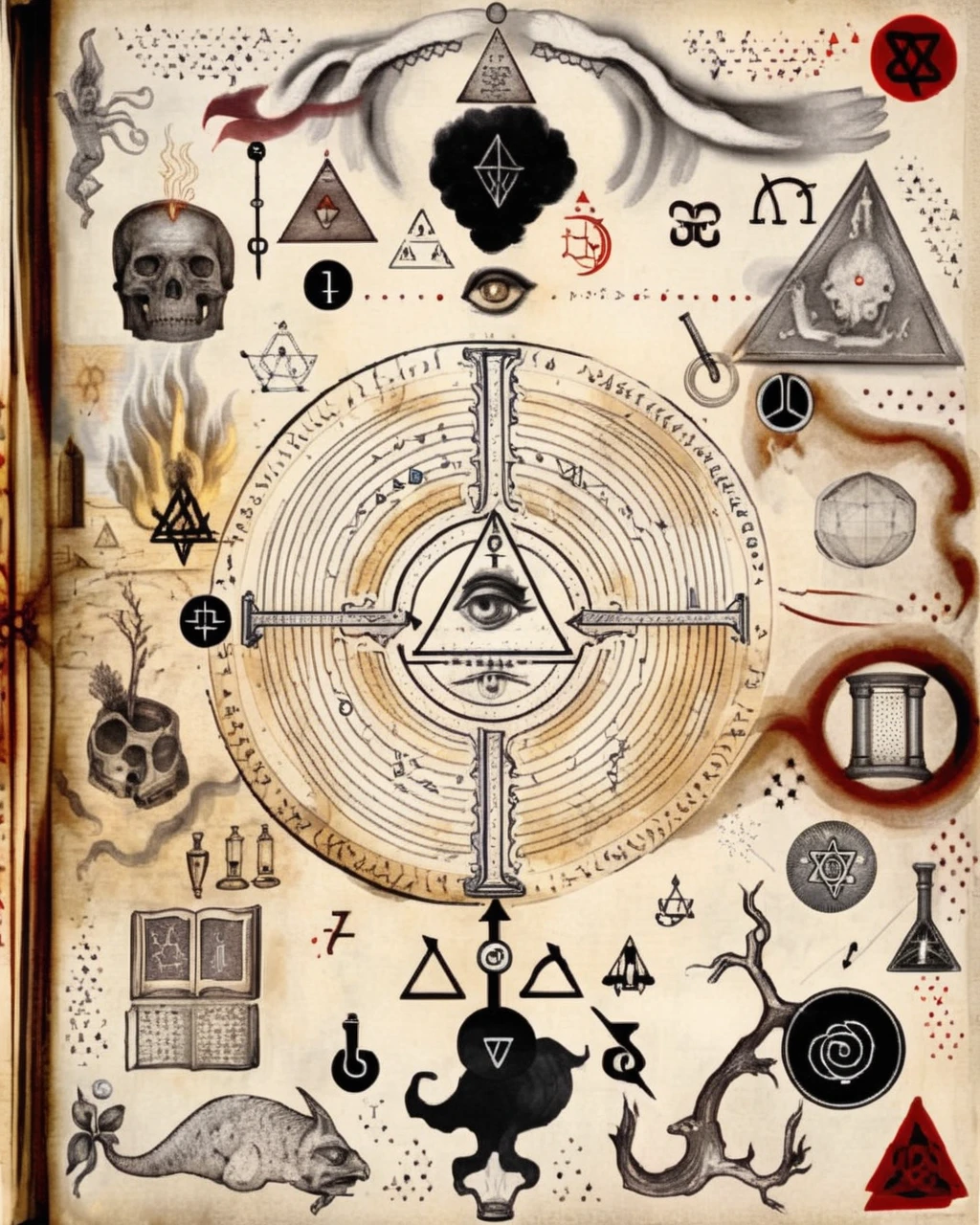 An enigmatic alchemy magic book page is adorned with cryptic symbols and mystical sigils, offering glimpses into the hidden knowledge of alchemical transformation:1.5, enigmatic alchemy magic book page:1.2, cryptic symbols:1.2, mystical sigils:1.1, hidden knowledge:1.1, alchemical transformation:1.1. , alchemy:2<lora:Alchemy_sdxl:1.0>