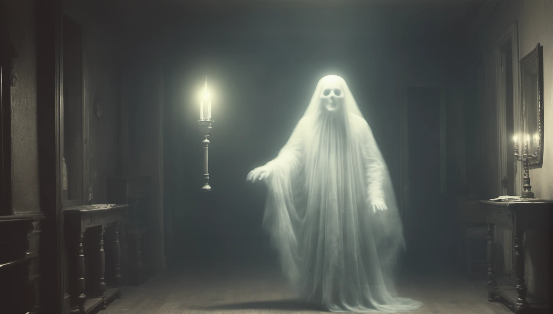 (high quality1.2), (masterpiece1.2), (detailed1.4), 32K UHD, In the chilling gloom of an abandoned asylum, a ghostly apparition materializes, sending shivers down the spine in a thigh-up professional photograph. The ethereal figure, cloaked in tattered remnants of its mortal existence, emanates an aura of dread and malevolence. Behind it, decrepit walls bear witness to unspeakable horrors, while shadows dance with sinister intent. Using a Canon EOS R5 with a spectral ambiance aperture setting (f/1.8), ISO 1600, and a haunting backdrop of crumbling corridors, the photographer captures the essence of fear with unparalleled realism. The ghost's pose is menacing, its eyes piercing through the darkness with an otherworldly intensity, while the intricate details of its spectral form add to the sense of foreboding. greenish-yellow gloom, fucking scary!, very cold shadows, glowing eye-cavities, ((strong! cold! light from below:1.3)), frozen time and space, screeming in agony!, negative film effect, assaulting the camera with both hands, attacking the viewer, paranormal