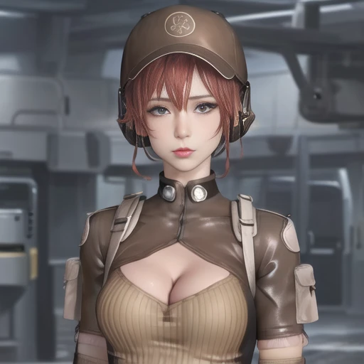 (masterpiece, best quality:1.2),illustration,8k,hd,1girl,solo,upper body,(portrait:1.2),Surreal Photo,short hair,red hair,gloves,breasts,fingerless gloves,hat,cleavage,medium breasts,pants,elbow gloves,cleavage cutout,headset,high heels,belt,bodysuit,knee pads,gloves,elbow pads,clothing cutout,<lora:Maque-BL-V1:0.7>,