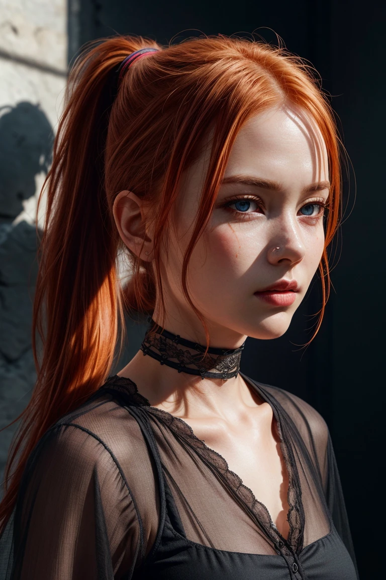 <lora:detailer:0.8> ,(8k, RAW photo, highest quality),(epic realistic:1.5), a girl, dynamic posture,erotic face,black see-through shirt, choker, (detailed eyes:0.8),(looking at the camera:1.4), (highest quality), (best shadow),intricate details,cinematic,((skin:1.4)),interior, (long ponytail ginger hair:1.3),dark studio,(hdr:1.5),detailed, muted colors, (freckles:0.6)