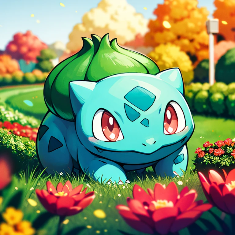 centered, award winning photo, (looking at viewer:1.2), | Bulbasaur_Pokemon, |garden, flowers, | bokeh, depth of field, cinematic composition, | <lora:Bulbasaur_Pokemon:0.8>