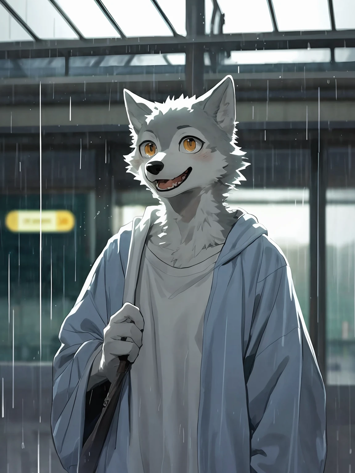 masterpiece, best quality, perfect anatomy, bright eyes, watery eyes, by milkytiger1145, by k0bit0wani, furry, wolf, (felis:0.25), male, solo, baggy clothing, (open smile:1.1), gentle, looking at viewer, train station, rain, (waterdrop:0.9), grey sky, raining, (fog:0.4)