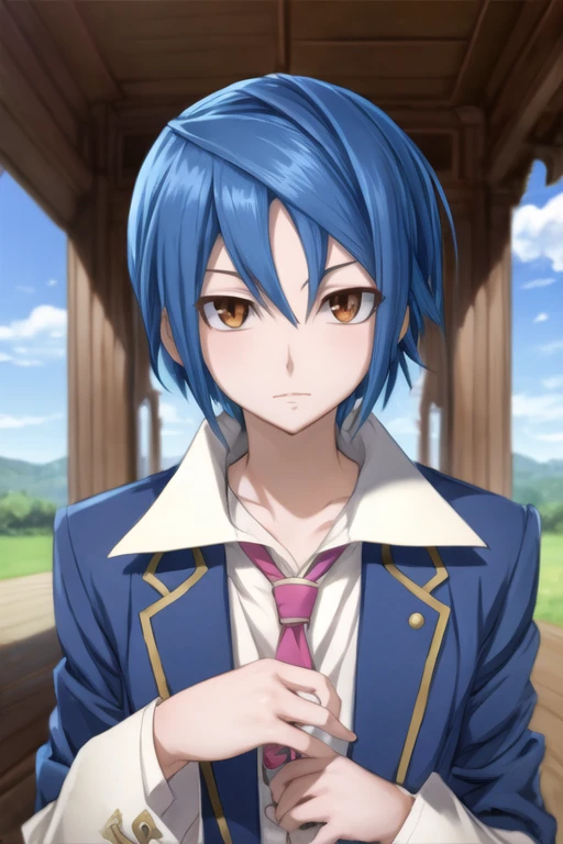 masterpiece, best quality, sketch, 1boy, solo, male focus, looking at viewer, upper body, depth of field, <lora:sugata_shindou:0.64>, sugata_shindou, blue hair, brown eyes, , , Oz: A land of enchantment, where anything is possible,