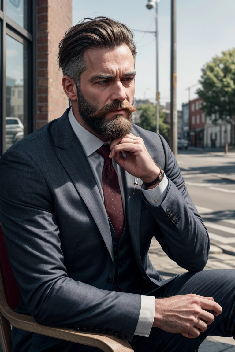 <lora:detailer:0.8> ,(RAW photo:1.2), a man wearing a business suit sitting outside, beard, tired, candid shot, best quality, 8k, uhd, photorealistic