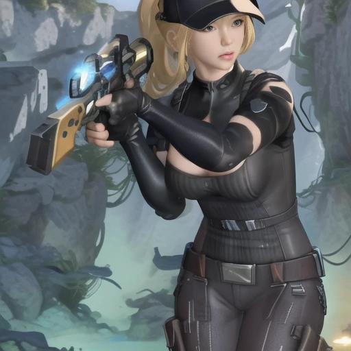 (masterpiece, best quality:1.2),illustration,8k,hd,1girl,solo,blonde hair,ponytail,short hairgloves,fingerless gloves,breasts,hat,elbow gloves,pants,cleavage,bodysuit,belt,cleavage cutout,medium breasts,knee pads,gloves,elbow pads,clothing cutout,<lora:Maque-GR-V1:0.9>,