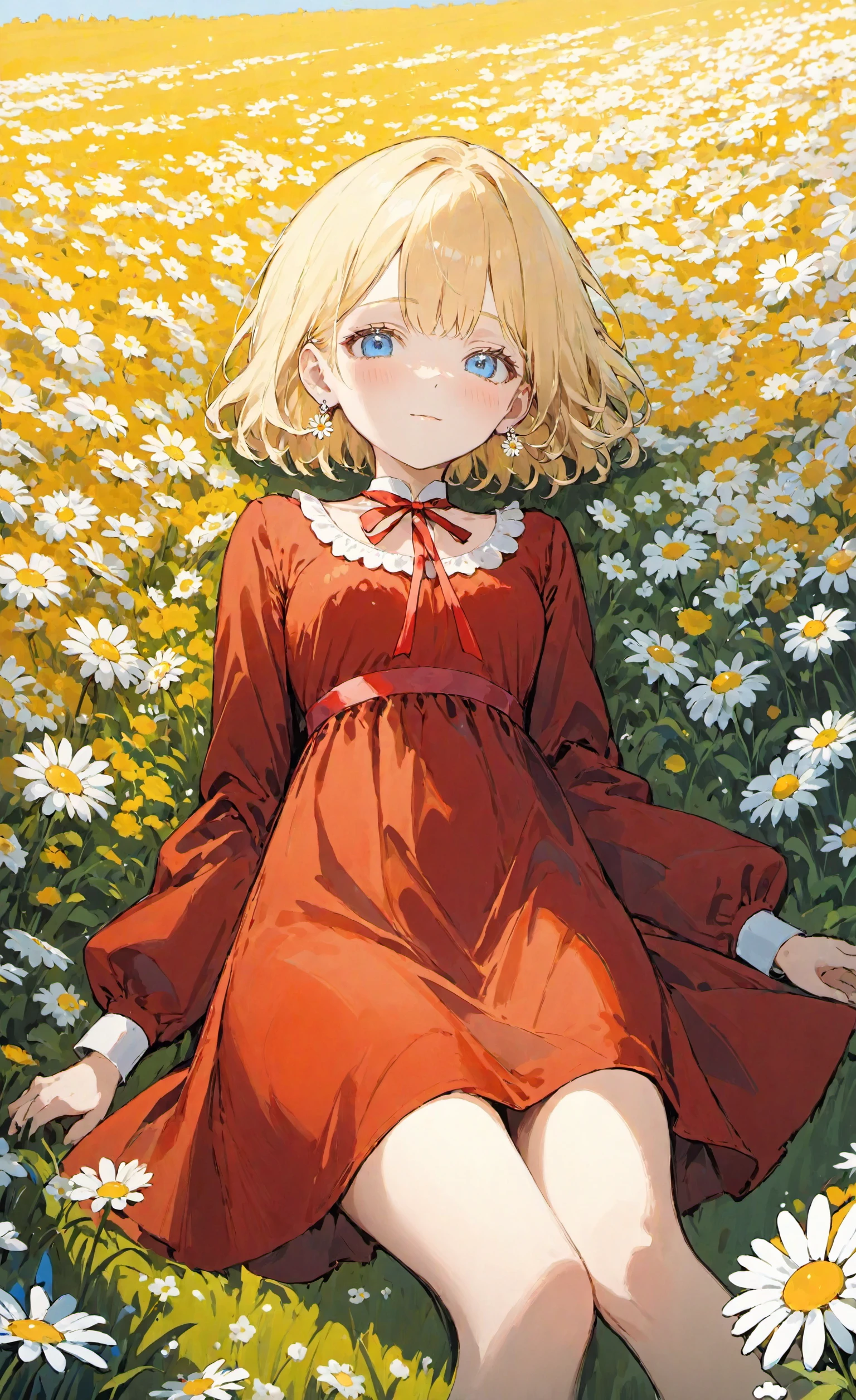 1girl lying, in a field of flowers, red dress, white flower, earrings, looking at viewer, blue eyes, red ribbon, necklace, long sleeves, blonde hair, short hair, daisy