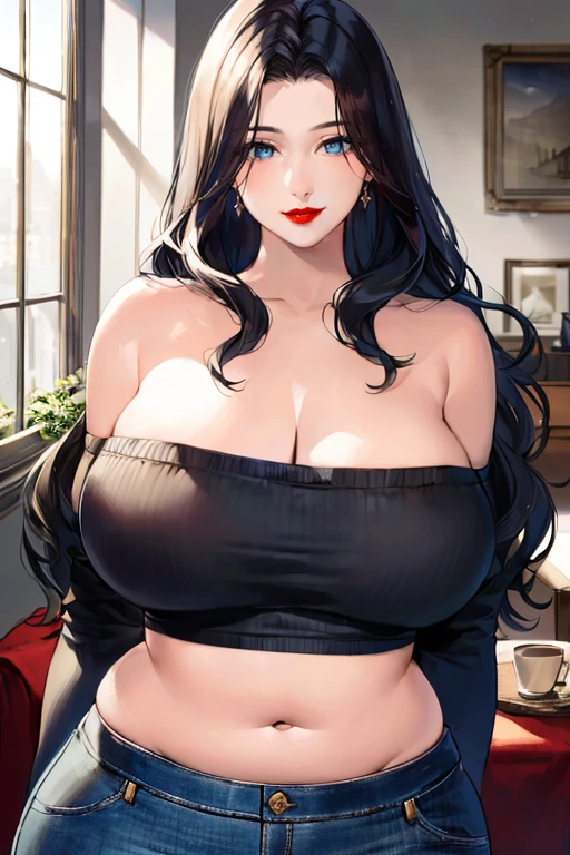 ((masterpiece)), ((best quality)), (ultra-detailed), absurdres, extremely detailed CG unity 8k wallpaper, Official Art, Accurate describe shapes, beautiful face, detailed hands, expressive eyes, upper body, looking at viewer, solo, (realistic), close-up, (standing, dynamic pose, seductive smile:1.2), (living room, dramatic light, scenery, illustration:1.1), (1girl, mature female, milf, huge breasts, red lips, wide hips, curvy, long hair, wavy hair, black hair, blue eyes, forehead:1.4), (off shoulder shirt, bare shoulders, strapless, long sleeves, pants:1.3), ((masterpiece)), absurdres, HDR <lora:epi_noiseoffset2:0.7> <lora:GoodHands-vanilla:1> <lora:MatureFemale-01:0.7>