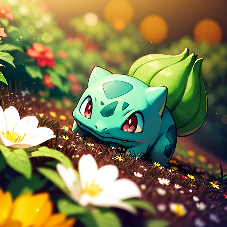centered, award winning photo, (looking at viewer:1.2), | Bulbasaur_Pokemon, |garden, flowers, | bokeh, depth of field, cinematic composition, | <lora:Bulbasaur_Pokemon:0.8>
