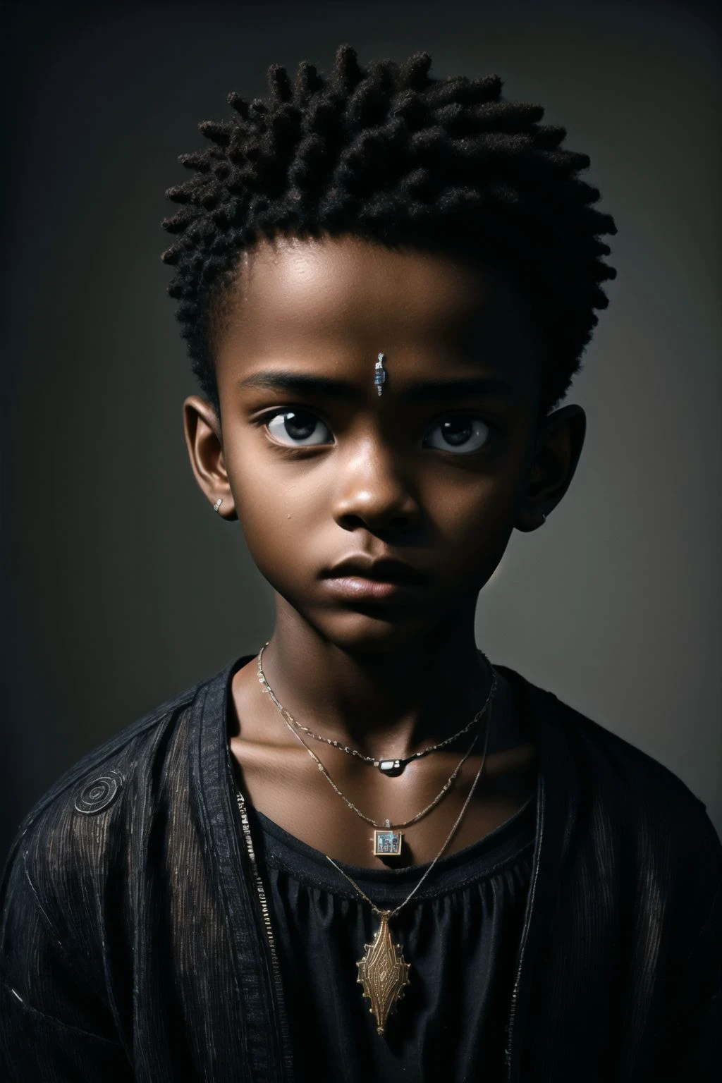 masterpiece, best quality, ultra high res, 1 dark skinned African boy, (fractal art:1.3), deep shadow, dark theme, fully clothed, necklace, forlorn,