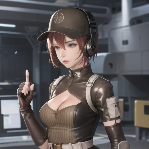 (masterpiece, best quality:1.2),illustration,8k,hd,1girl,solo,upper body,(portrait:1.2),Surreal Photo,short hair,red hair,gloves,breasts,fingerless gloves,hat,cleavage,medium breasts,pants,elbow gloves,cleavage cutout,headset,high heels,belt,bodysuit,knee pads,gloves,elbow pads,clothing cutout,<lora:Maque-BL-V1:0.6>,