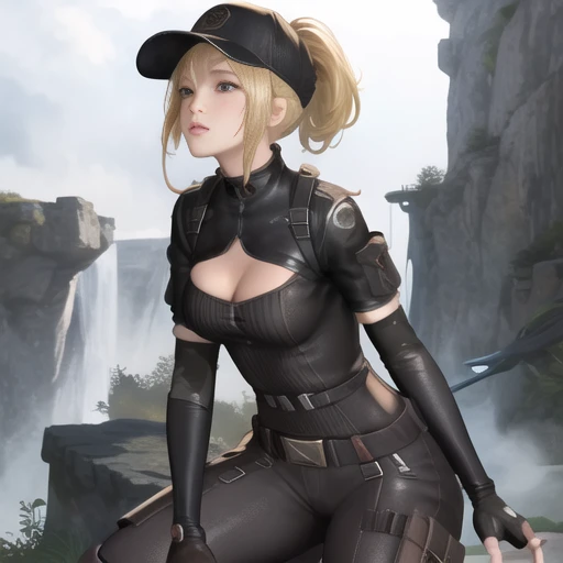 (masterpiece, best quality:1.2),illustration,8k,hd,1girl,solo,blonde hair,ponytail,short hairgloves,fingerless gloves,breasts,hat,elbow gloves,pants,cleavage,bodysuit,belt,cleavage cutout,medium breasts,knee pads,gloves,elbow pads,clothing cutout,<lora:Maque-GR-V1:0.7>,