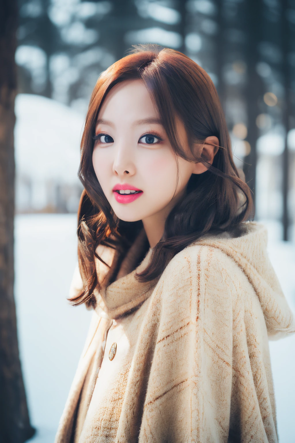 <lora:Nayeon_BRA:1>, a picture of Nayeon, winter clothes, winter coat, snow, outdoors, face crop, looking at viewer, (detailed lighting, extremely detailed skin, extremely detailed hair, shadows, 8k), masterpiece, top quality, best quality, highres, ultra-high res, ultra-detailed