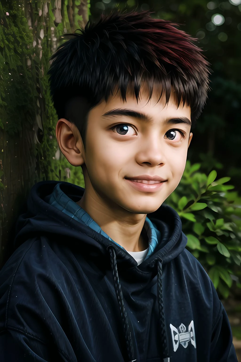 male focus, highres, illustration, outdoors,
BREAK, 1boy, solo, cute, babyface, dark-skinned male, dark skin, red hair, buzz cut, forehead, blue eyes, hoodie, arms behind head, smile,