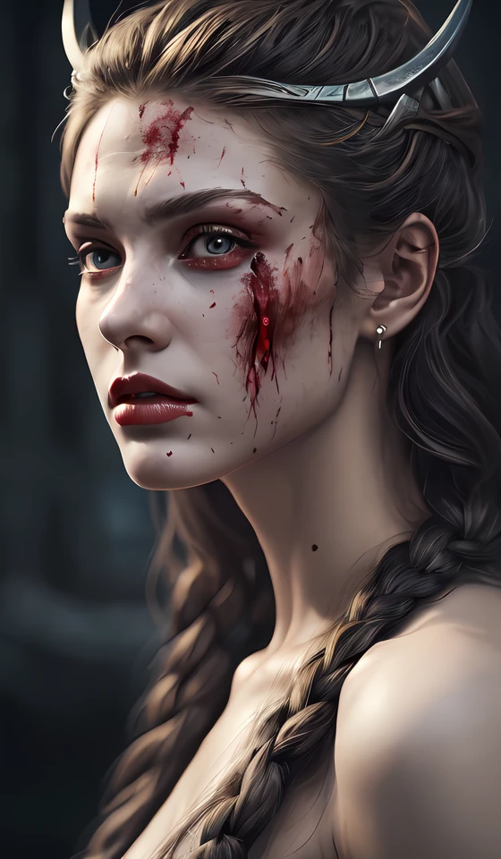 Ultrawide realistic photo of a bloody fierce viking woman, injured, battle-scarred mind-blowing details, hyperrealism, highly detailed face, ethereal, sadness, luxury, ominous, scarred, highly detailed, viking attire, cinematic, 16k, 1080s, smooth, sharp focus, by Stanley Artgermm, WLOP, trending on DeviantArt, trending on ArtStation, digital art, Smooth gradients, depth of field, shot on Canon Camera