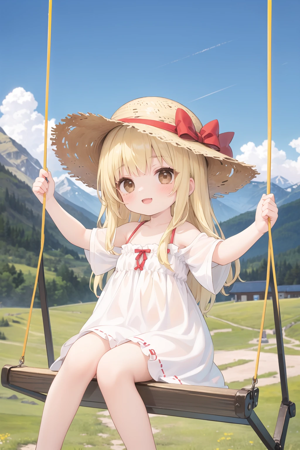 masterpiece, best quality,(a big swing:1.2), sundress, straw hat, (long blonde hair,brown eyes:1.5),eyes in highlight ,catch light eyes,specular highlight eyes,1girl,(child:1.1),sitting,in the sky, mountain alps,happy