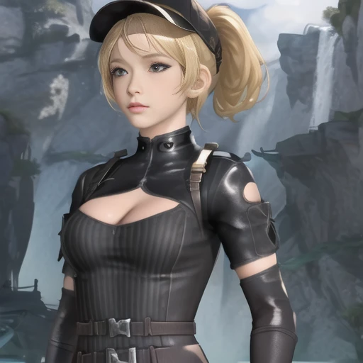 (masterpiece, best quality:1.2),illustration,8k,hd,1girl,solo,surreal,upper body,(portrait:1.2),blonde hair,ponytail,short hairgloves,fingerless gloves,breasts,hat,elbow gloves,pants,cleavage,bodysuit,belt,cleavage cutout,medium breasts,knee pads,gloves,elbow pads,clothing cutout,<lora:Maque-GR-V1:0.8>,