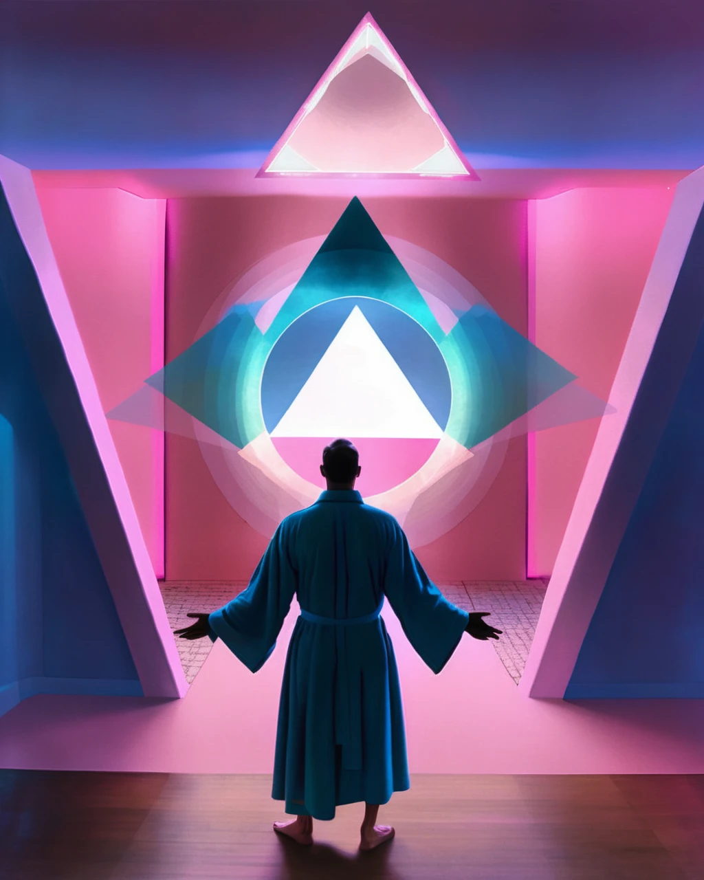 In a room enveloped by a pink and blue glow, two men, resplendent in pink robes, stand with arms outstretched in a triangular light's embrace. The symbolism of the triangle accentuates their unity and connection, evoking a sense of shared purpose and knowledge: room enveloped by glow:1.3, men in pink robes:1.2, arms outstretched:1.2, triangular light:1.2, unity and connection:1.1, shared purpose:1.1, shared knowledge:1.1. , alchemy:2<lora:Alchemy_sdxl:1.0>