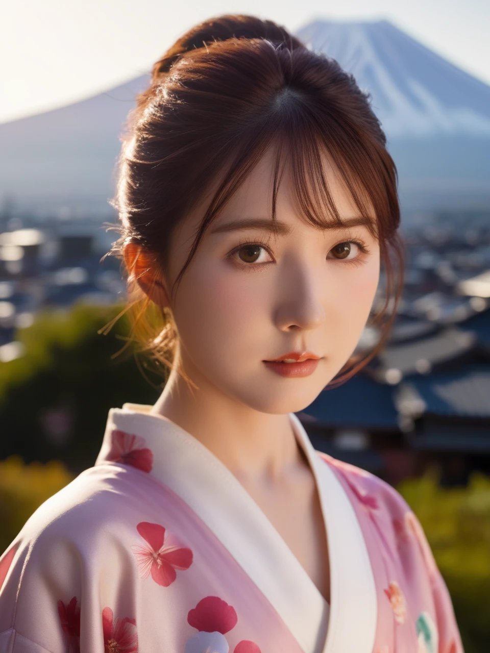 cinematic photo Cinematic Lighting,available light,incredibly absurdres,
1girl,(blush:1.3),
<lora:ssyy_SDXL_2_reg_:1>,ssyy,
eyes_focus,sunlight,rosy clouds,skirt_lift,gohei,
<lora:DetailedEyes_V3:0.6>,portrait,print_kimono,looking_at_viewer,close-up,the background is mount fuji and kyoto cityscape, . 35mm photograph, film, bokeh, professional, 4k, highly detailed