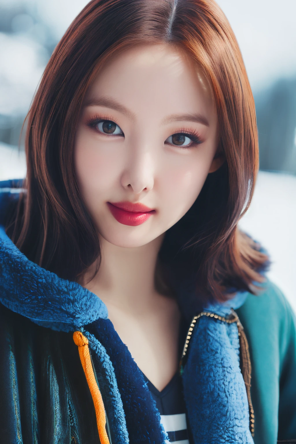 <lora:Nayeon_BRA:1>, a picture of Nayeon, winter clothes, winter coat, snow, outdoors, face crop, looking at viewer, (detailed lighting, extremely detailed skin, extremely detailed hair, shadows, 8k), masterpiece, top quality, best quality, highres, ultra-high res, ultra-detailed