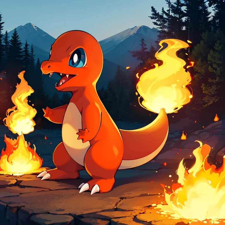 ((masterpiece,best quality)), absurdres,
<lora:Charmander_Pokemon:0.7>, Charmander_Pokemon, flame-tipped tail, pokemon_\(creature\),
full_body, facing viewer, looking at viewer,
embers, explosion, fangs, swirling flames,
mountain, nature, no_humans, outdoors, sky, tree