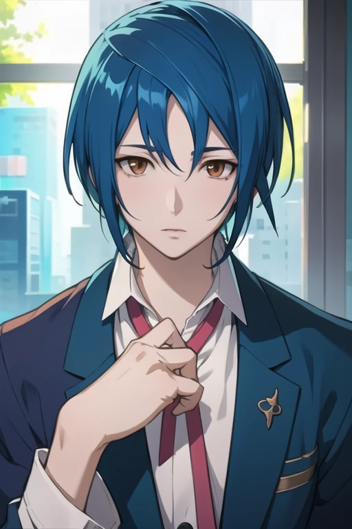 masterpiece, best quality, , 1boy, solo, male focus, looking at viewer, upper body, depth of field, <lora:sugata_shindou:0.64>, sugata_shindou, blue hair, brown eyes, , , biopunk,
