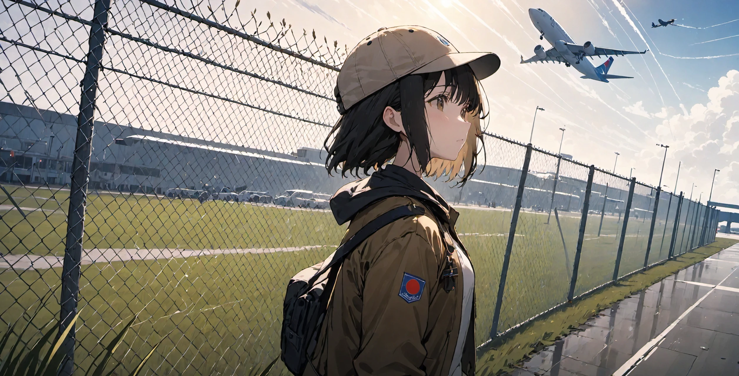 (dutch angle:1.2), masterpiece, best quality, (chain-link fence:1.3), 1girl, solo, airport, plane, contrail, outdoors, dry grass, black hair, brown jacket, white baseball cap , floating hair, cinematic angle