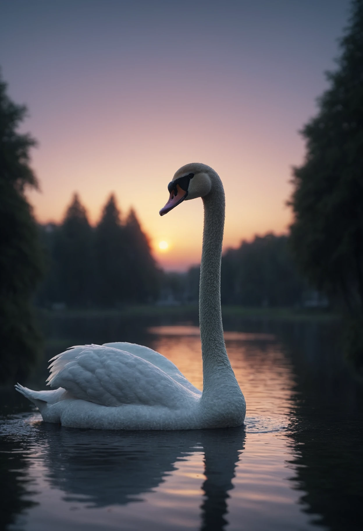 Swan, at Twilight, tilt shift, Cleancore, HDR, shiny intricate 3D graphics octane render highly detailed 8k HDR UHD high quality professional unreal engine PS5 cinematic vray Mustafa Abdulhadi, involved in a project