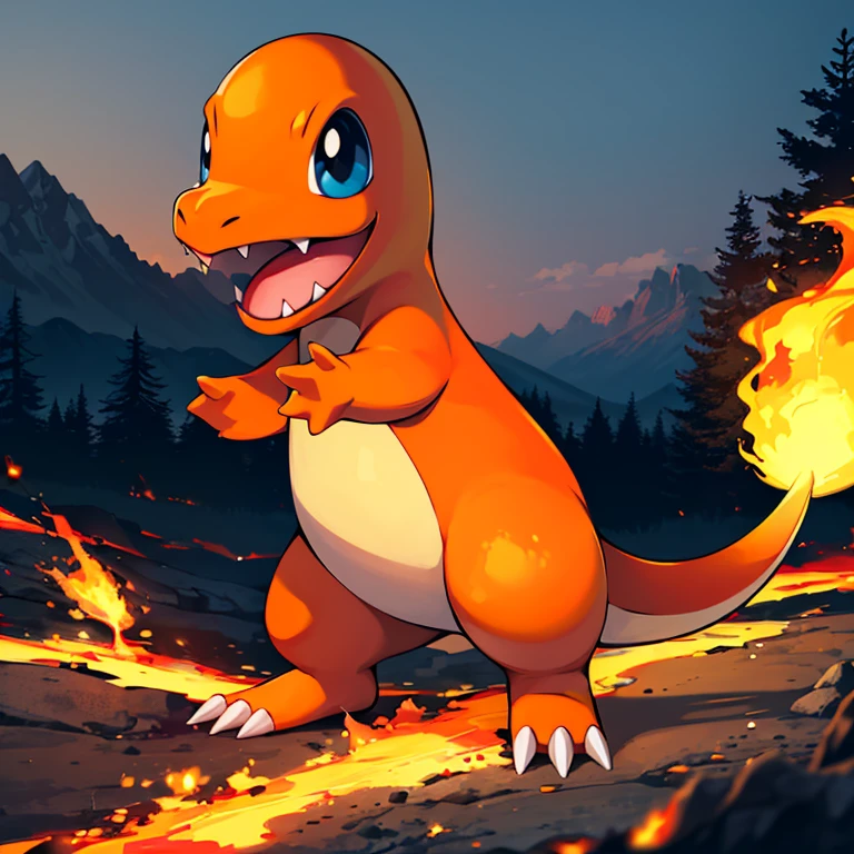 ((masterpiece,best quality)), absurdres,
<lora:Charmander_Pokemon:0.7>, Charmander_Pokemon,   flame-tipped tail, pokemon_\(creature\),
full_body, facing viewer, looking at viewer,
embers, explosion, fangs, swirling flames,
mountain, nature, no_humans,  outdoors,  sky, tree