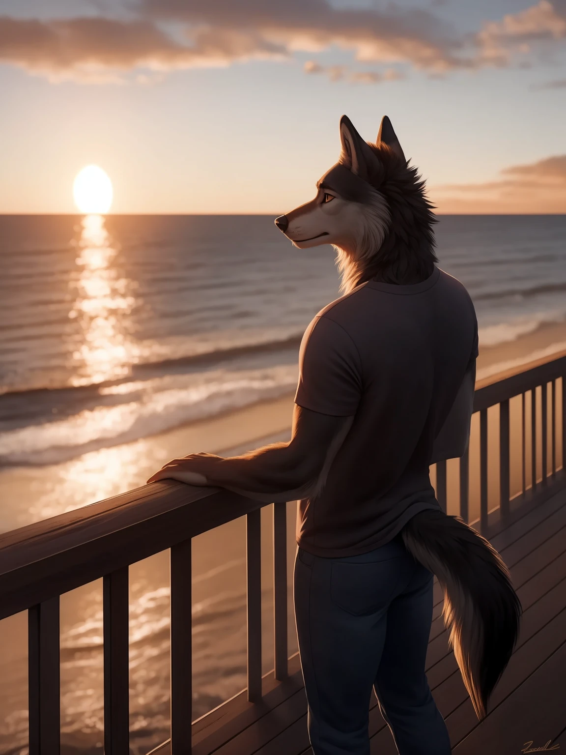 A Long Shot,Profile Shot, A dashing male wolf furry in a casual t-shirt and jeans leans against the railing of a boardwalk overlooking the ocean. The salty breeze carries the sound of crashing waves and seagulls as he watches the sunset dip below the horizon. He takes a deep breath and reflects on the day's adventures, feeling grateful for the beauty of the natural world around him. ambient light, natural light, tyndall effect,DSLR camera, advanced lighting for film, Unreal Engine 5,extremely realistic, hi res, cute
