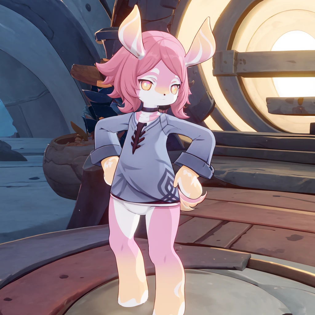 full body, 1girl, melusine, (pink skin, yellow skin:1.3), pointed ears, stubby tail, sticking out tongue, hands on own hips
<lora:MelusineV1:1>