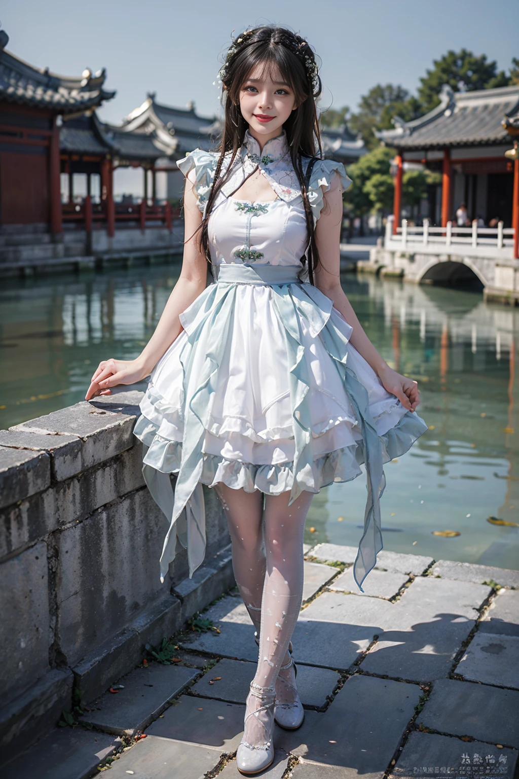 best quality, masterpiece, realistic, (photorealistic:1.4), 1girl, solo, full body, looking at viewer, smile, cns attire, white dress, pantyhose, detailed background, standing, chinese garden, water, <lora:cns_dress_style6_v2:0.7>
